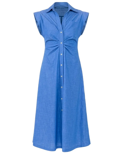 The Miami Dress by Callas Milano is a sleeveless blue midi shirt dress featuring a button-down front, shirt collar, and gathered waist detail for a flattering fit-and-flare silhouette.