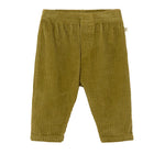 Cozmo Baby Miki Wide Wale Corduroy Pants in olive green, designed for children with an elastic waistband and straight legs, shown on a white background.