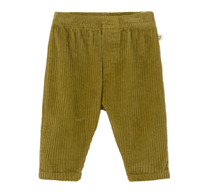 Cozmo Baby Miki Wide Wale Corduroy Pants in olive green, designed for children with an elastic waistband and straight legs, shown on a white background.