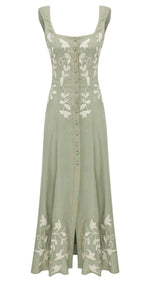 Lug Von Siga Mila Linen Dress, a green sleeveless design featuring white floral embroidery and a button-down front.