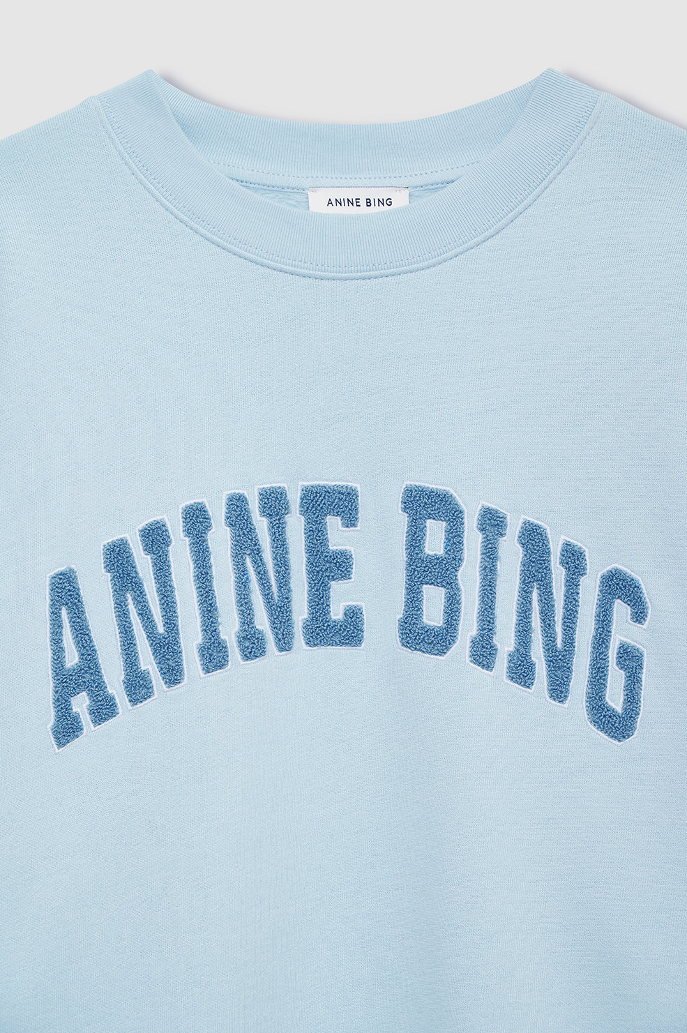 The Miles Sweatshirt by Anine Bing is an oversized pale blue cotton fleece crewneck featuring large textured "ANINE BING" lettering on the chest and a white neck tag with the brand name.