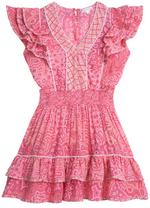 A Poupette St Barth Girls' Camila Mini Dress by Poupette St Barth with butterfly sleeves and a smocked waist, featuring a tiered, ruffled hem and a geometric design on the bodice.