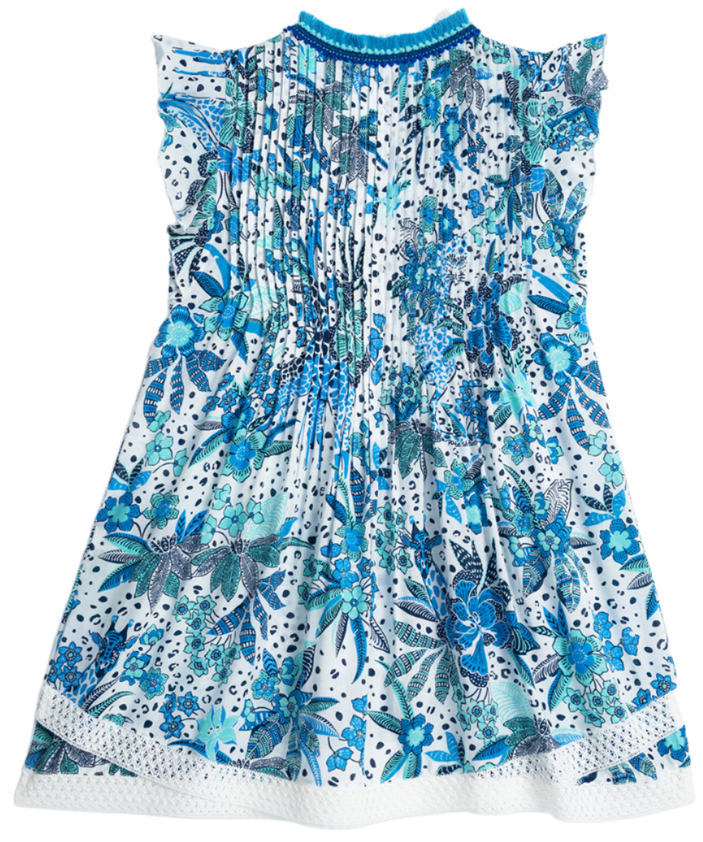 The Poupette St Barth Girls' Sasha Mini Dress is a sleeveless white dress that features blue floral patterns, ruffled shoulders, pleated detailing, and charming embroidery accents.