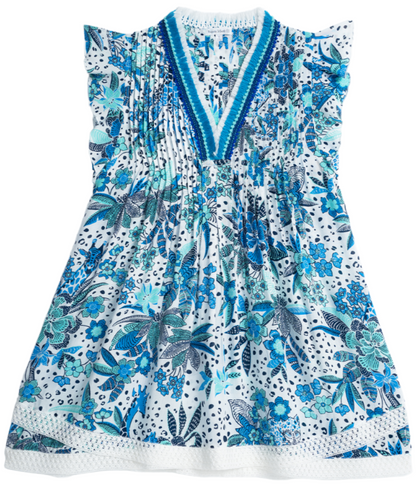 The Poupette St Barth Girls' Sasha Mini Dress, from the brand Poupette St Barth, is an adorable outfit displayed on a white background. It features a blue and white floral pattern with a V-neck and ruffled sleeves, complete with delicate embroidery details.