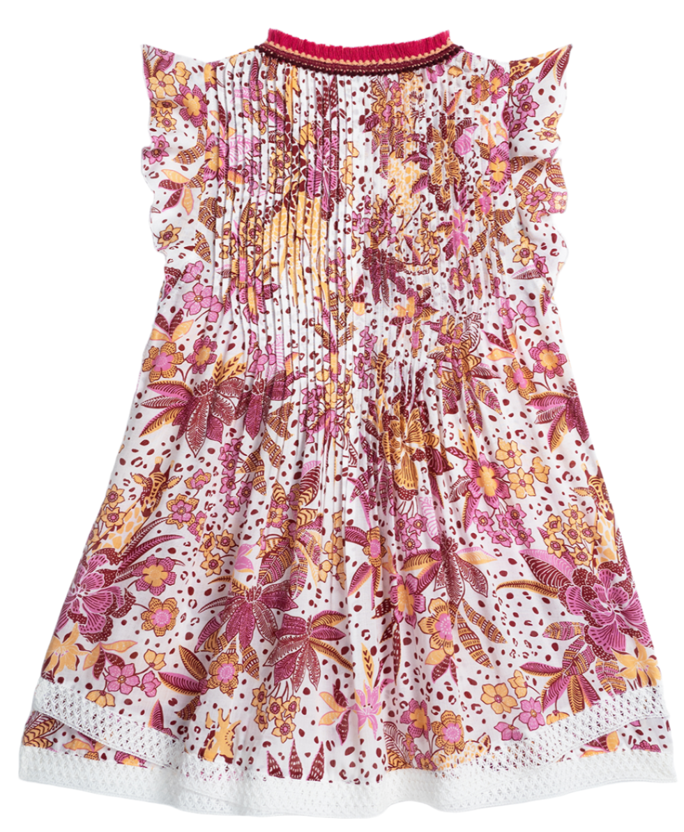 The Poupette St Barth Girls' Sasha Mini Dress is a charming piece embellished with a floral-pattern featuring pink, yellow, and orange flowers. It boasts pleats, ruffled sleeves, white lace trim, and vibrant fringes for a playful touch.