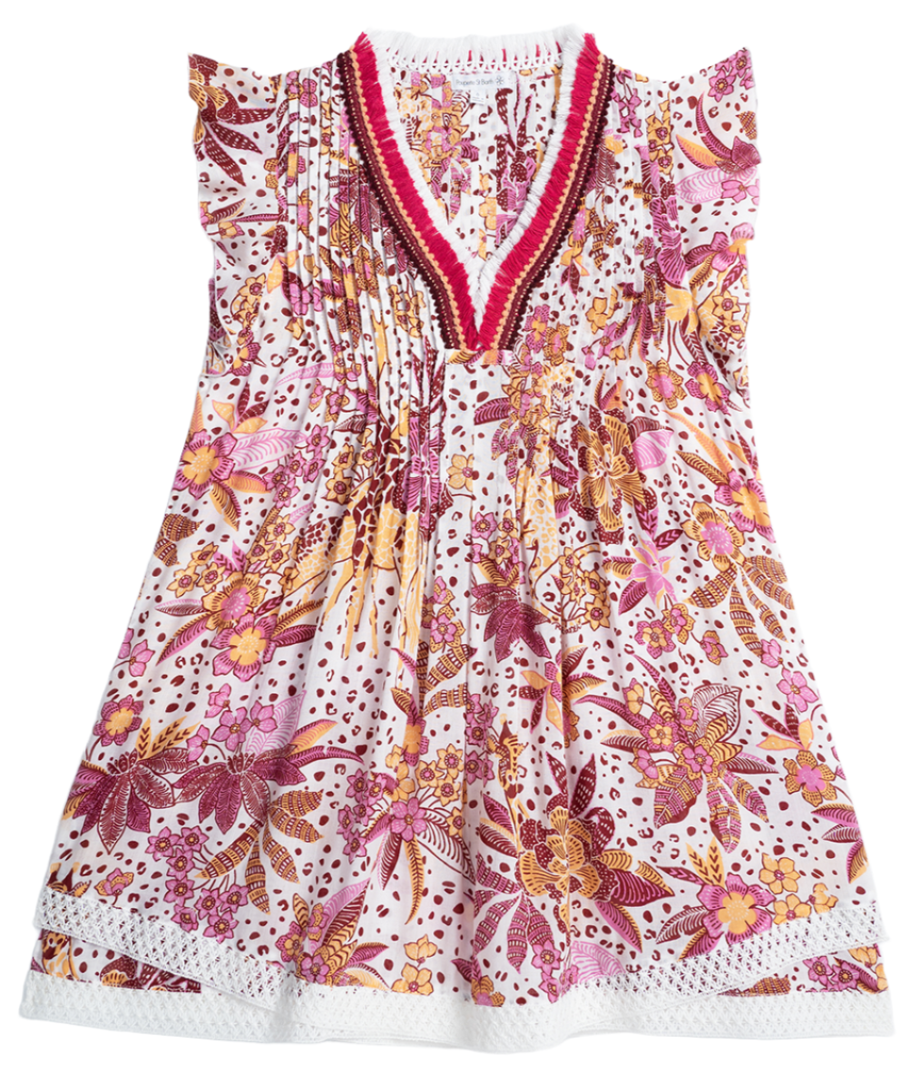 The Poupette St Barth Girls' Sasha Mini Dress is an adorable outfit featuring a multi-colored floral print with ruffled sleeves and a V-neck design, embellished with colorful fringes in charming pink and orange patterns.