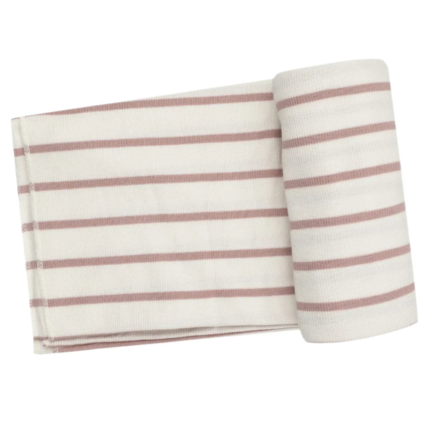 The Angel Dear Modal Rib French Stripe Misty Rose Swaddle Blanket from Angel Dear, featuring an adorable print, is displayed rolled up on a flat surface with its striped white and pinkish-brown fabric visible.