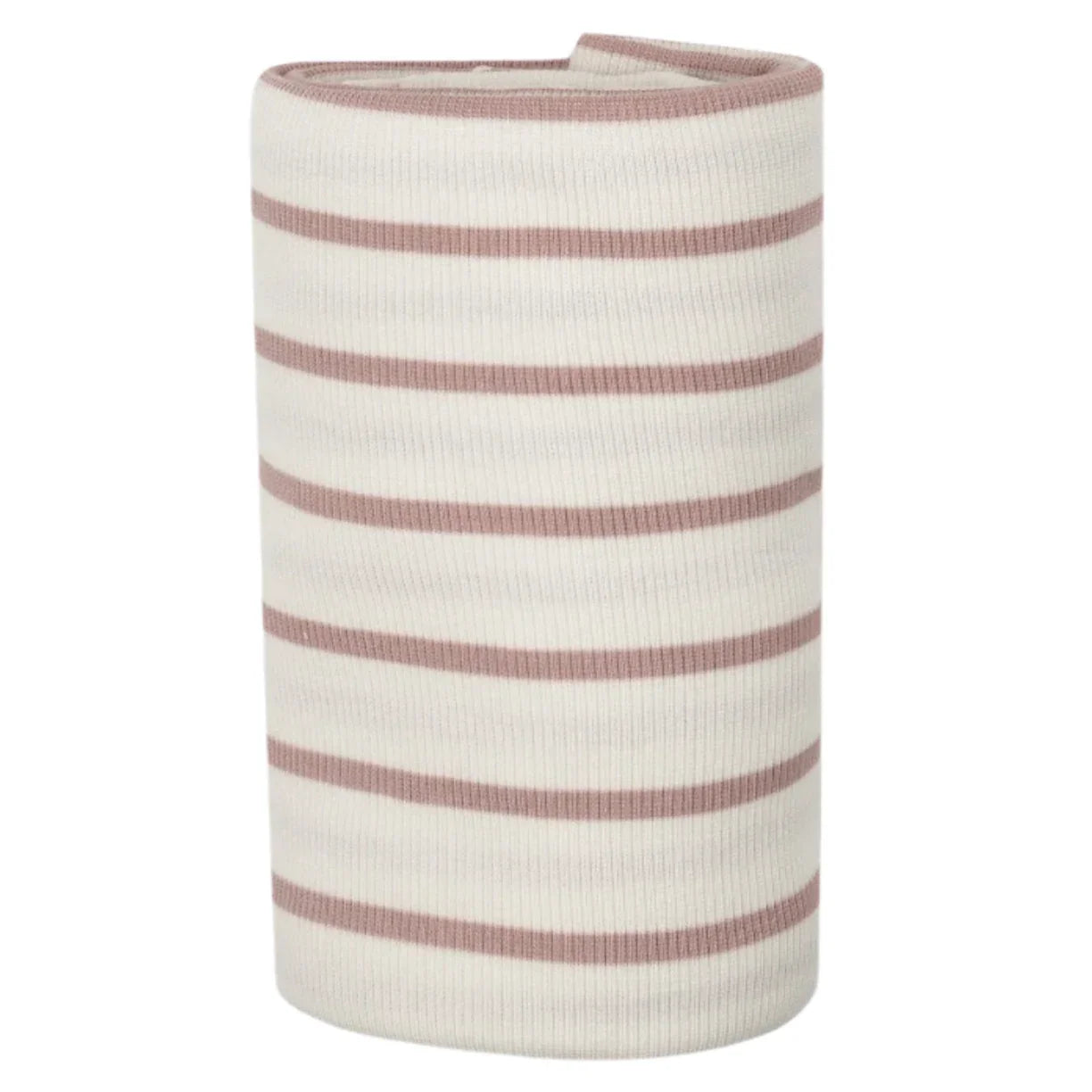 The Angel Dear Modal Rib French Stripe Misty Rose Swaddle Blanket by Angel Dear is a neatly rolled piece featuring white fabric with horizontal pink stripes, showcasing an adorable print perfect for gentle swaddles.