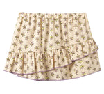 The Cozmo Girls' Molly Flower Print Skirt features a beige floral pattern, ruffle hem, and comfy elastic waistband.