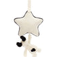 A soft star-shaped plush toy with a fabric loop at the top and a Jellycat Bashful Black & Cream Puppy Musical Pull hanging from a string attached to the bottom of the star, perfect for comforting your newborn.