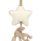 Jellycat Bashful Beige Bunny Musical Pull toy with beige fabrics; the bunny hangs upside-down from a loop attached to the bottom of the star, creating a sweet Jellycat lullaby for little ones.