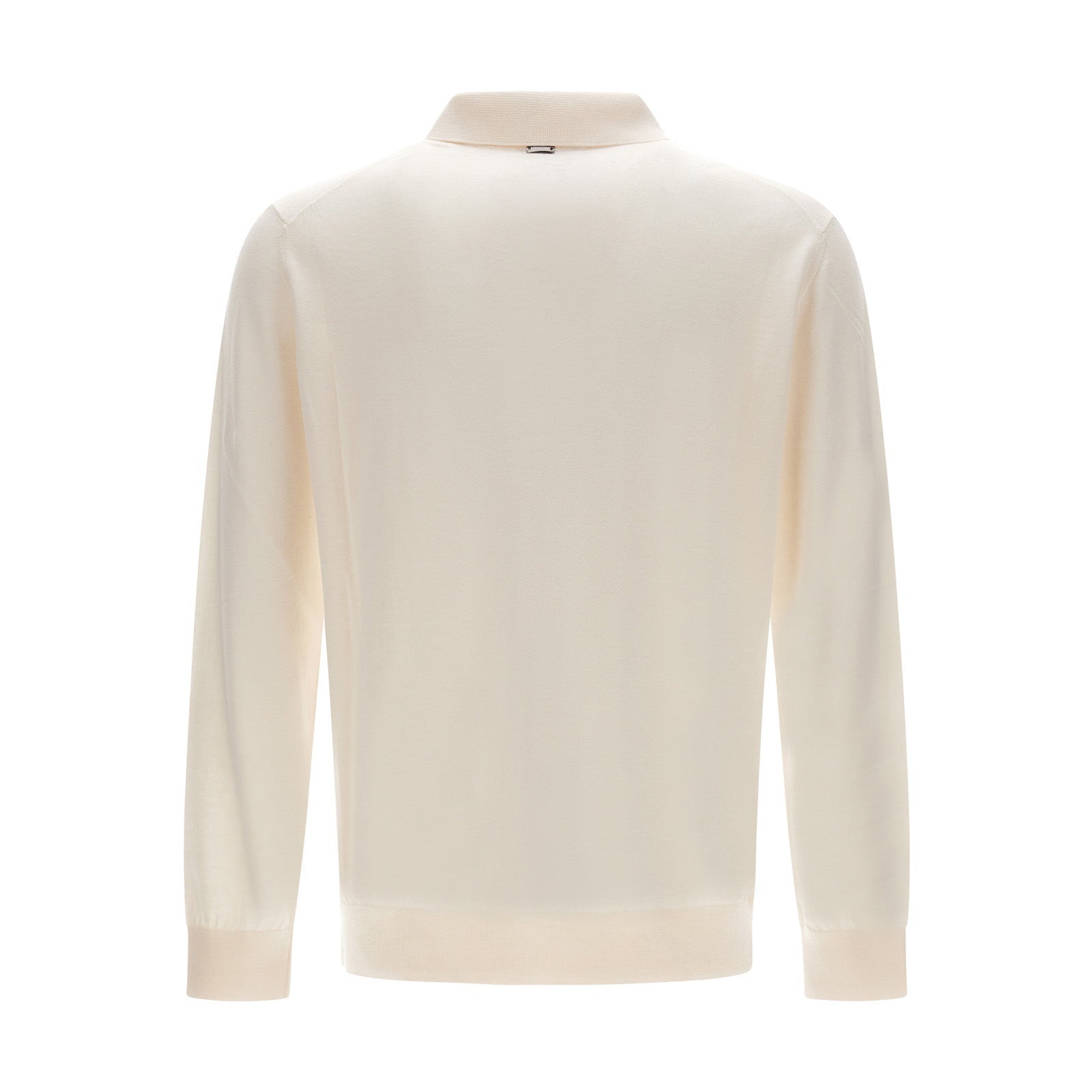 The Herno Cotton Silk LS Polo in cream, made from luxurious cotton-silk blend, showcases a simple collar when viewed from the back.