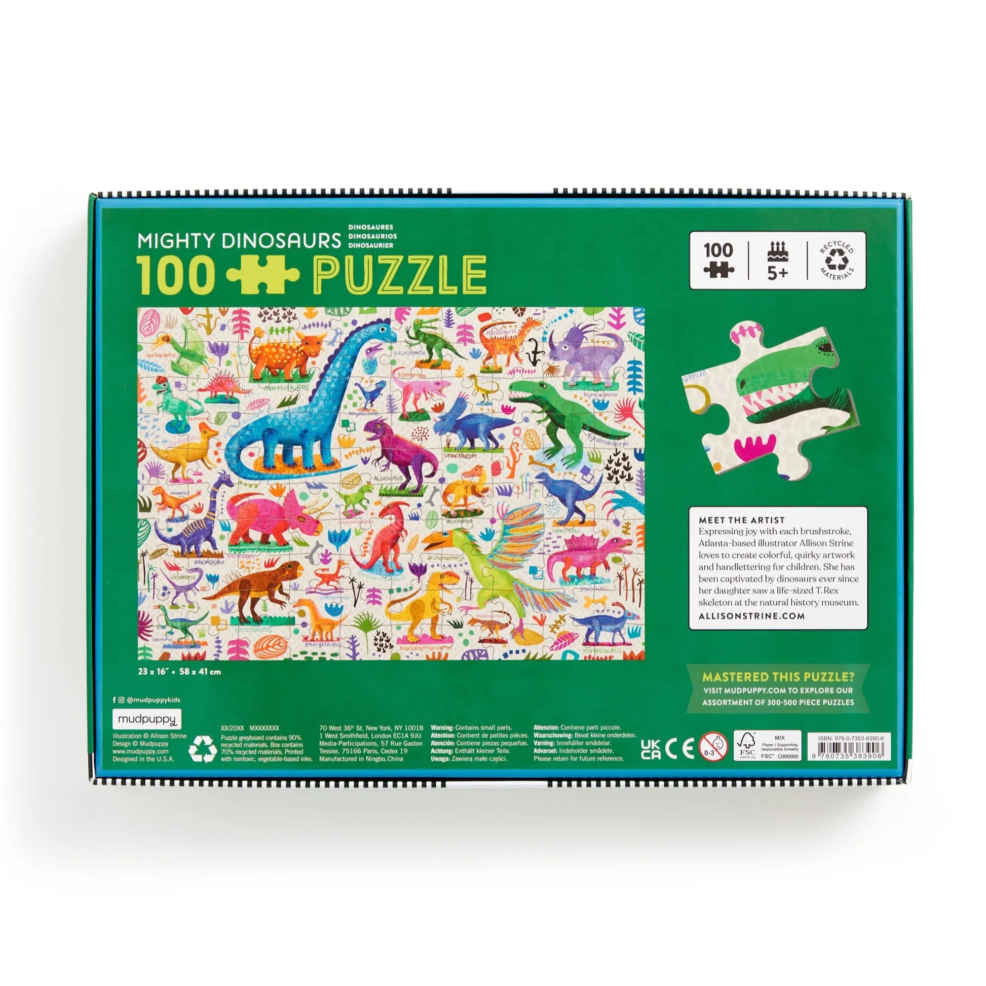 Back of a 100-piece “Mighty Dinosaurs Puzzle” box by Chronicle Books, showcasing a colorful dinosaur illustration on a green background, recommended for ages 5+, with artist details—an adventurous puzzle ideal for young dinosaur enthusiasts.