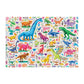 Explore a colorful illustration featuring a variety of labeled dinosaurs and prehistoric creatures—including a large blue sauropod—set against a white background with scattered plants. The Mighty Dinosaurs Puzzle by Chronicle Books is perfect as an engaging and educational 100-piece dinosaur puzzle for kids.