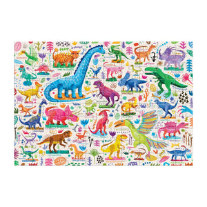 Explore a colorful illustration featuring a variety of labeled dinosaurs and prehistoric creatures—including a large blue sauropod—set against a white background with scattered plants. The Mighty Dinosaurs Puzzle by Chronicle Books is perfect as an engaging and educational 100-piece dinosaur puzzle for kids.