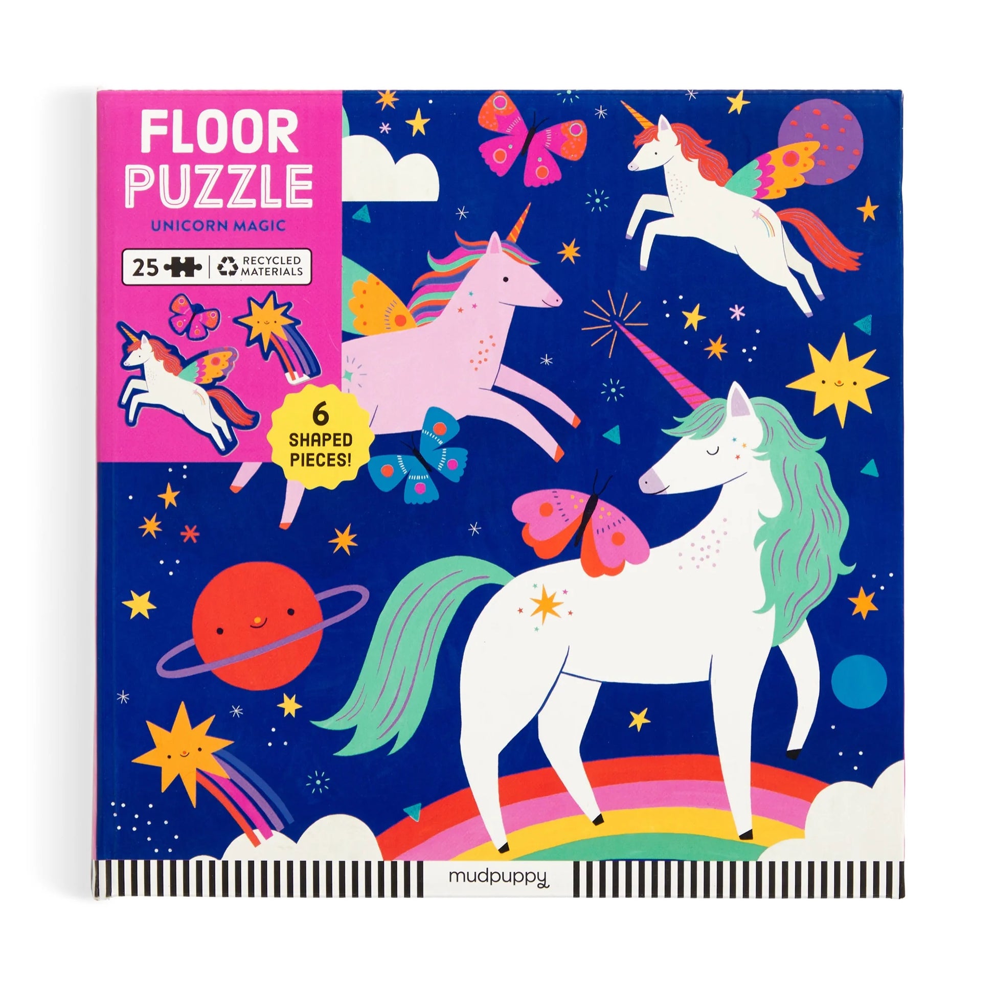 A vibrant puzzle box showcasing rainbow unicorns, butterflies, and stars against a dark blue background. The label reads “Unicorn Magic Floor Puzzle, 25+, 6 shaped oversized pieces,” by Chronicle Books.