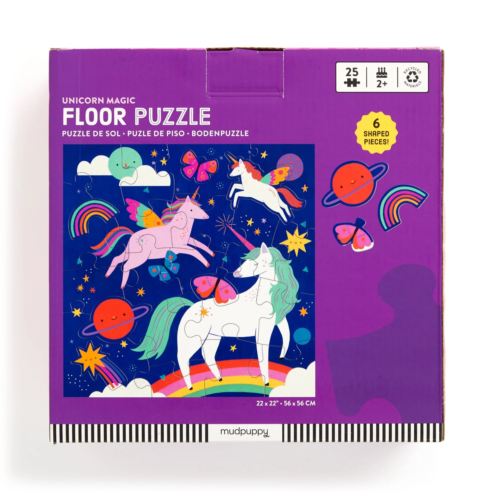 The Unicorn Magic Floor Puzzle by Chronicle Books is designed for ages 2+ and includes 25 oversized pieces, 6 of which are shaped. The box features a vibrant cover with rainbow unicorns, rainbows, stars, and butterflies set against a purple background.