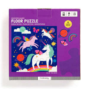 The Unicorn Magic Floor Puzzle by Chronicle Books is designed for ages 2+ and includes 25 oversized pieces, 6 of which are shaped. The box features a vibrant cover with rainbow unicorns, rainbows, stars, and butterflies set against a purple background.