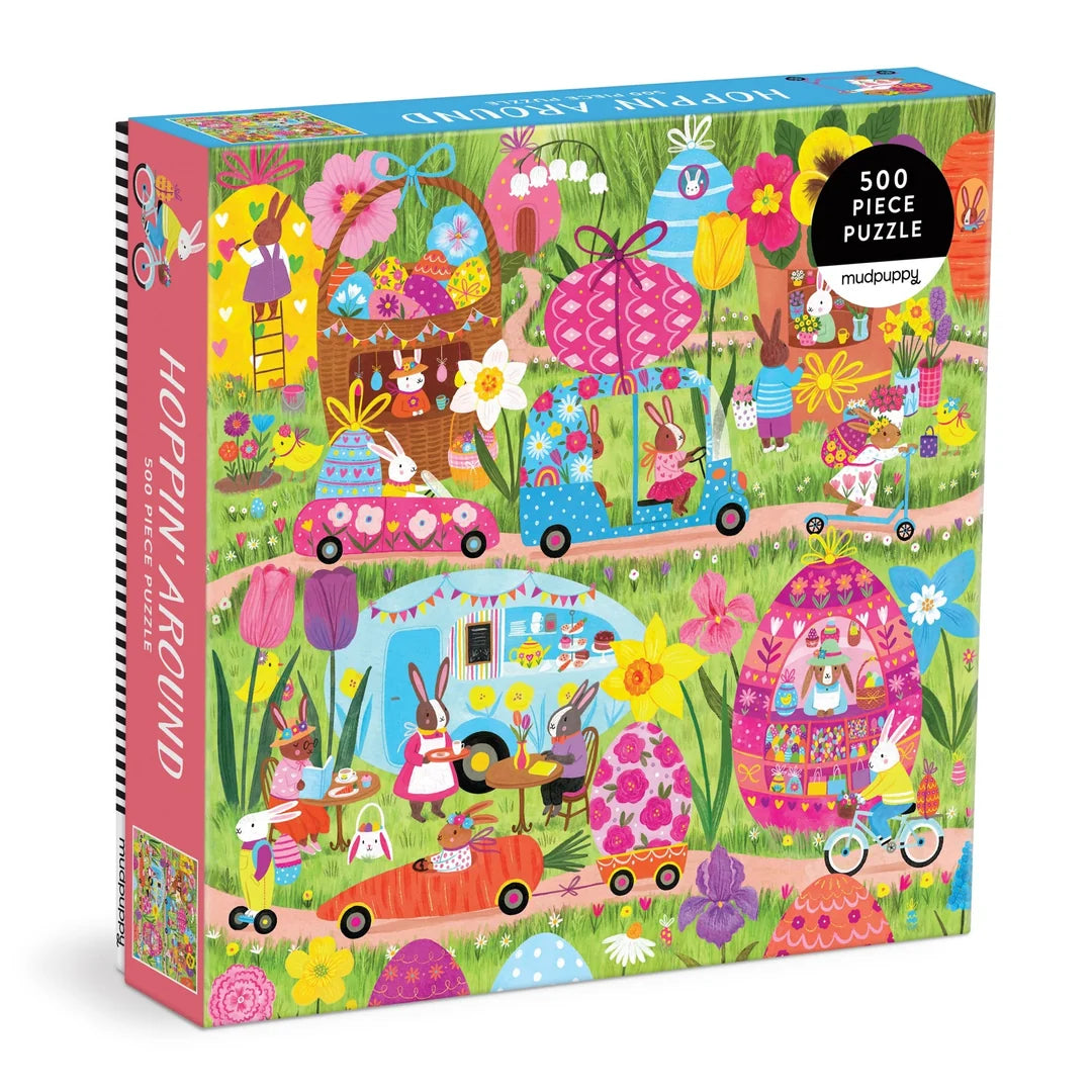 The Family Hoppin’ Around Puzzle by Chronicle Books is a delightful 500-piece family puzzle featuring Jenny Miriam’s colorful, whimsical illustrations of rabbits driving cars, shopping, and exploring a lively, flower-filled village scene—perfect for bunny puzzle fans of all ages!.