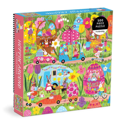 The Family Hoppin’ Around Puzzle by Chronicle Books is a delightful 500-piece family puzzle featuring Jenny Miriam’s colorful, whimsical illustrations of rabbits driving cars, shopping, and exploring a lively, flower-filled village scene—perfect for bunny puzzle fans of all ages!.
