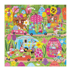 Delight bunny puzzle enthusiasts with the Family Hoppin’ Around Puzzle by Chronicle Books—a colorful, illustrated 500-piece family puzzle by Jenny Miriam. Featuring charming rabbits in vehicles and homes shaped like Easter eggs and flowers, surrounded by lush grass and bright spring blooms with various seasonal activities, it’s perfect for your next family game night.