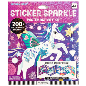 Chronicle Books' Unicorn Magic Sticker Sparkle Poster Activity Kit offers a magical experience for ages 4+, featuring over 200 sparkly stickers and a fold-out panoramic poster, all wrapped in packaging adorned with a unicorn on the cover.