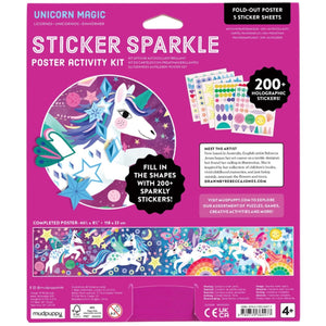 The Unicorn Magic Sticker Sparkle Poster Activity Kit by Chronicle Books features a magical unicorn design with over 200 sparkly stickers, a fold-out poster, and five sticker sheets for coloring fun. Suitable for ages 4 and up.