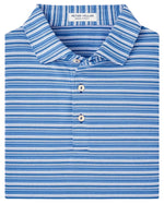 The Peter Millar Atrium Performance Jersey Polo is a blue and white striped collared shirt with three buttons, featuring UPF 50+ protection and a "Peter Millar" label inside the neckline.