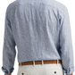 A rear view of someone wearing Peter Millar's Astino Lino Stripe Sport Shirt in blue and white stripes, paired with beige pants and a brown belt.