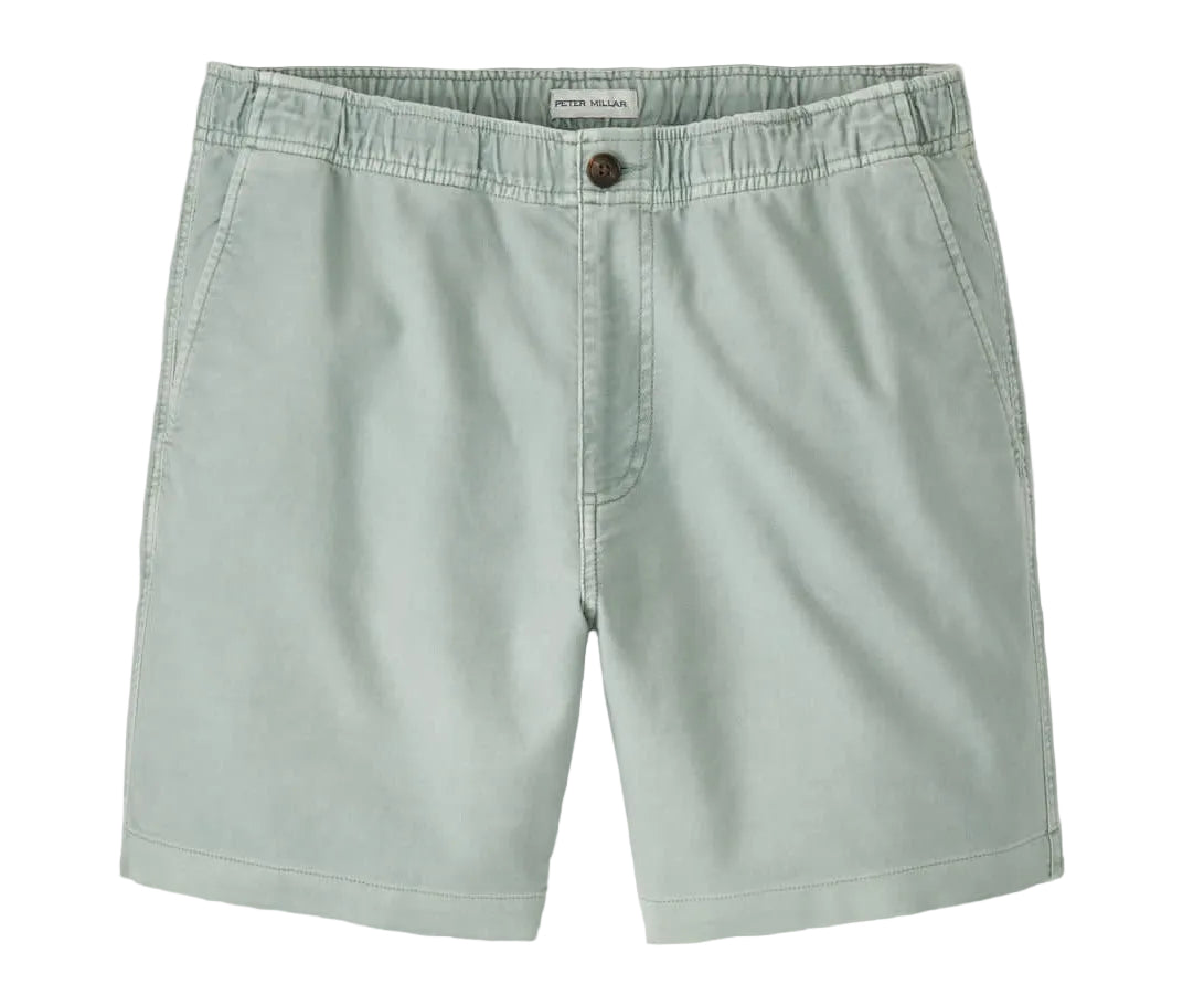 The Peter Millar Crown Weekend Short for men, shown in light green on a white background, features an elasticized waist, button closure, two front pockets, and is crafted from soft stretch-cotton fabric.