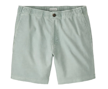 The Peter Millar Crown Weekend Short for men, shown in light green on a white background, features an elasticized waist, button closure, two front pockets, and is crafted from soft stretch-cotton fabric.