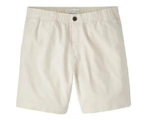 The Peter Millar Crown Weekend Short is a beige, knee-length stretch-cotton short with an elastic waist, button closure, and side pockets, shown on a white background.