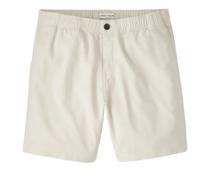 The Peter Millar Crown Weekend Short is a beige, knee-length stretch-cotton short with an elastic waist, button closure, and side pockets, shown on a white background.