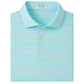 The Peter Millar Dunnes Performance Jersey Polo is a folded light blue shirt featuring thin white and green stripes, a three-button placket, UPF 50+ sun protection, and four-way stretch for comfort.