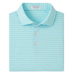The Peter Millar Dunnes Performance Jersey Polo is a folded light blue shirt featuring thin white and green stripes, a three-button placket, UPF 50+ sun protection, and four-way stretch for comfort.