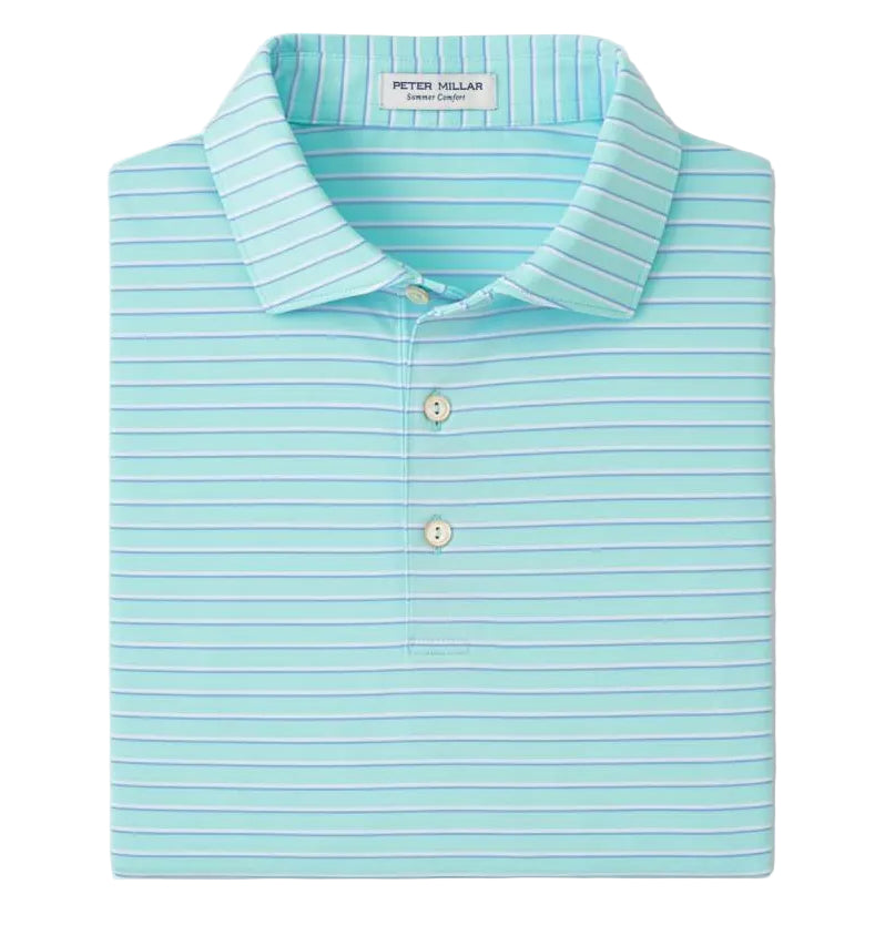The Peter Millar Dunnes Performance Jersey Polo is a folded light blue shirt featuring thin white and green stripes, a three-button placket, UPF 50+ sun protection, and four-way stretch for comfort.