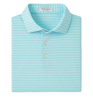 The Peter Millar Dunnes Performance Jersey Polo is a folded light blue shirt featuring thin white and green stripes, a three-button placket, UPF 50+ sun protection, and four-way stretch for comfort.