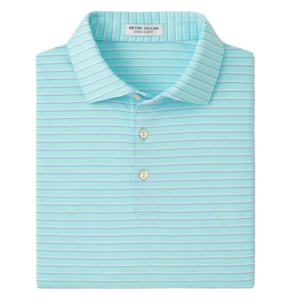 The Peter Millar Dunnes Performance Jersey Polo is a folded light blue shirt featuring thin white and green stripes, a three-button placket, UPF 50+ sun protection, and four-way stretch for comfort.