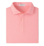 A neatly folded pink Merion Performance Jersey Polo by Peter Millar, featuring thin white stripes and a collar. Enjoy four-way stretch and UPF 50+ protection for all-day comfort.