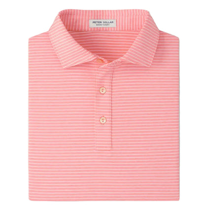 A neatly folded pink Merion Performance Jersey Polo by Peter Millar, featuring thin white stripes and a collar. Enjoy four-way stretch and UPF 50+ protection for all-day comfort.