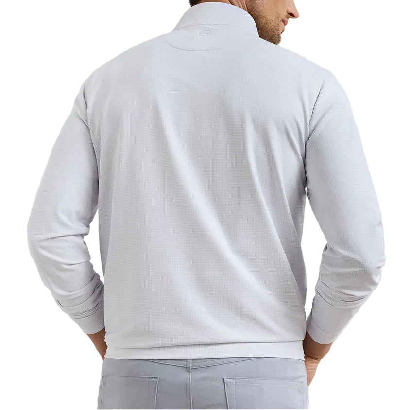 Man shown from the back wearing a Peter Millar Perth Basketweave Performance Quarter-Zip in light gray with matching gray pants, standing with hands behind his back.