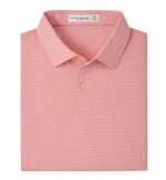 The Peter Millar Featherweight Stripe Performance Polo, shown folded from above, features pink and white stripes, a collared design with buttons, and four-way stretch fabric for comfort.