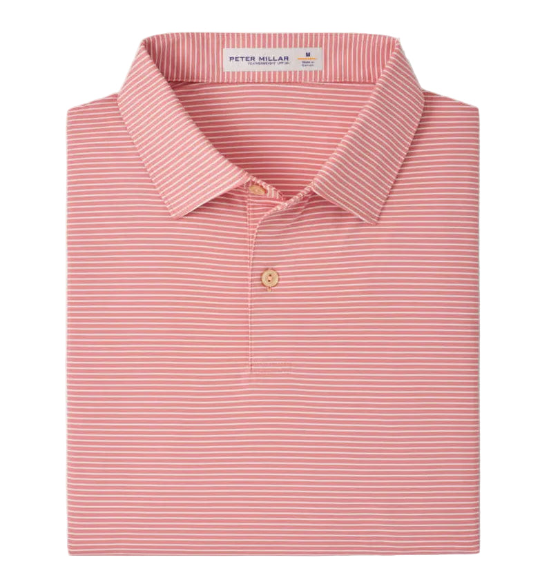 The Peter Millar Featherweight Stripe Performance Polo, shown folded from above, features pink and white stripes, a collared design with buttons, and four-way stretch fabric for comfort.