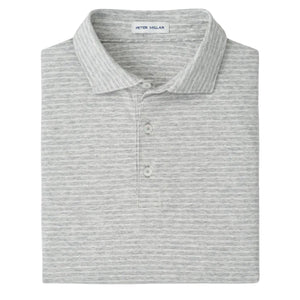 The Gilman Crown Flex Cotton Polo by Peter Millar is a light grey, striped pima cotton shirt with a collar and two buttons—ideal for refined casual wear.