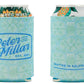 Two cans with light blue koozies inspired by Peter Millar’s Tide Lines Swim Trunk; one side reads "Peter Millar EST. 2001," the other "CRAFTED IN RALEIGH, NC." Partial drink branding shows through the quick-dry fabric design.