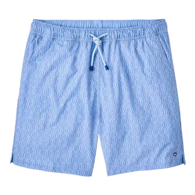 The Peter Millar Nautical Ropes Swim Trunk features a light blue quick-drying fabric with a subtle geometric pattern, drawstring elastic waist, mesh liner, and a small logo at the hem.