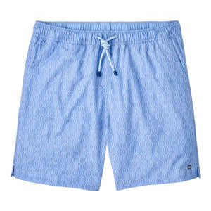 The Peter Millar Nautical Ropes Swim Trunk features a light blue quick-drying fabric with a subtle geometric pattern, drawstring elastic waist, mesh liner, and a small logo at the hem.