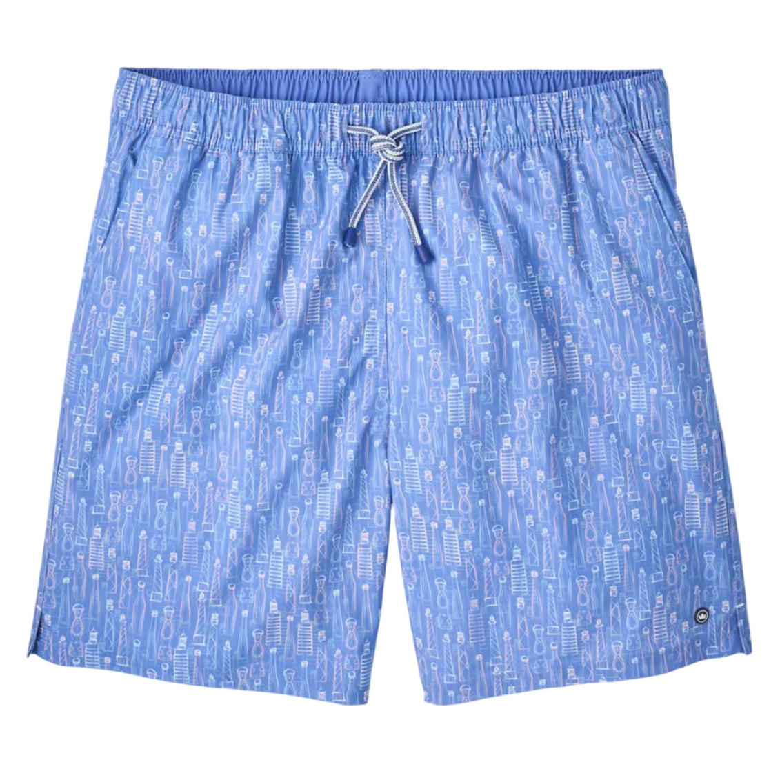 The Peter Millar Tequila Seas Swim Trunk features a light blue color with a white and pink abstract pattern, quick-drying fabric, elastic drawstring waistband, and mesh liner, shown on a white background.
