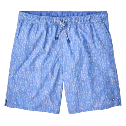 The Peter Millar Tequila Seas Swim Trunk features a light blue color with a white and pink abstract pattern, quick-drying fabric, elastic drawstring waistband, and mesh liner, shown on a white background.