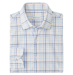 The Peter Millar Warren Crown Lite Cotton-Stretch Sport Shirt is a folded long-sleeve button-up with a light blue, orange, and white plaid pattern, a front pocket, and an easy-care label inside the collar.